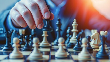 A businessman holds a chess strategy with teamwork, leadership, planning, or intelligence.