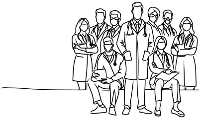 Obraz premium Continuous one black line art hand drawing doctors. National doctor day concept vector illustration on white background with copy space