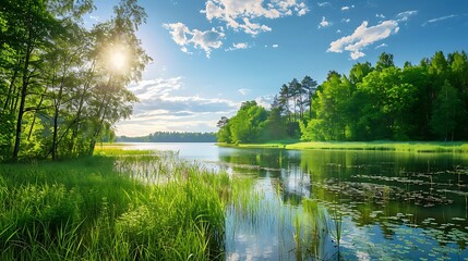 picturesque landscape with green trees and a lake on a sunny day