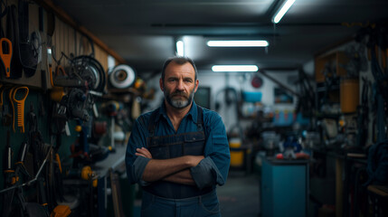 Fototapeta na wymiar Mature car mechanic looking at the camera while standing with arms crossed in the garage