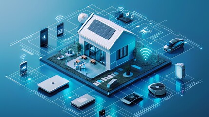 A futuristic image showcases sleek, minimalist gadgets seamlessly integrated into a smart home, illustrating the harmonious relationship between technology and modern living