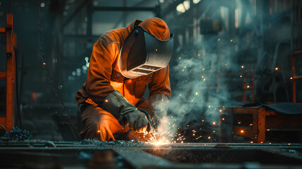 Skilled Welder at Work in an Industrial Environment
. A professional welder is focused on welding metal with sparks flying around in a busy industrial workshop setting.
