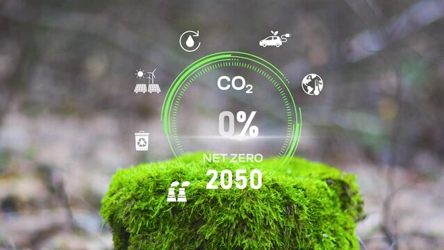 Net Zero Emissions by 2050 policy animation concept.Digital dashboard of CO2 level gauge percentage drop down to 0. ,Net zero emission ,2050, carbon neutral concept.CO2 reduce.Net zero greenhouse gas