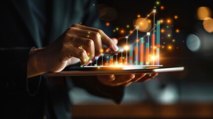 Businessman holding tablet showing stock market economy graph statistic growth of profit analyzing financial exchange. Trade chart finance data concept. - obrazy, fototapety, plakaty