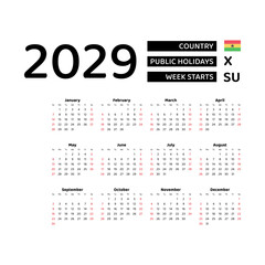 Calendar 2029 English language with Ghana public holidays. Week starts from Sunday. Graphic design vector illustration.