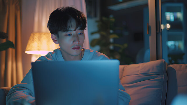 Young Man Focused on Laptop in Cozy Home Environment
. A concentrated young man in glasses works on his laptop in a comfortable and brightly lit home setting, surrounded by books.
