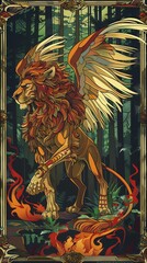 Manticore Lion with Wings With Frame Illustration