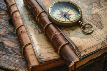 Navigating Histories: Vintage Compass on Antique Leather-Bound Journals with Map Background - obrazy, fototapety, plakaty