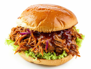 BBQ pulled pork sandwich with coleslaw on a bun, top-down view isolated on white background. A tender and flavorful Labor Day feast favorite concept for design and print