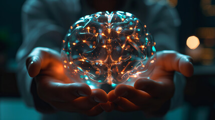 Ethical AI Development and Use. Balance of technology and humanity in ethical AI development. Human hands holding transparent, glowing orb representing an AI brain  - obrazy, fototapety, plakaty
