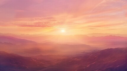 Fototapeta premium A panoramic view of the vast sky painted in hues of orange and pink as the sun sets behind the distant mountains, creating a breathtaking celestial canvas