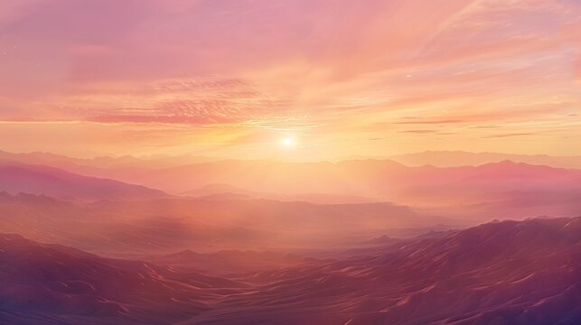 A panoramic view of the vast sky painted in hues of orange and pink as the sun sets behind the distant mountains, creating a breathtaking celestial canvas