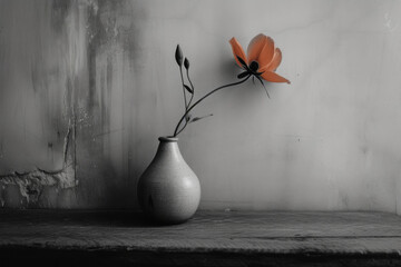 Minimalistic Elegance: Single Orange Flower in a White Vase against Monochrome Background