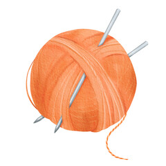 An isolated watercolor illustration featuring an orange yarn spool. Embedded in the spool are steel knitting needles. for crafting enthusiasts, knitting tutorials and textile-related publications
