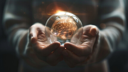 Ethical AI Development and Use. Balance of technology and humanity in ethical AI development. Human hands holding transparent, glowing orb representing an AI brain 