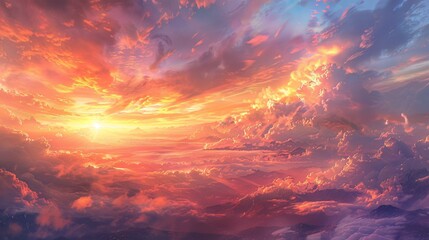 Fototapeta premium A panoramic view of the vast sky painted in hues of orange and pink as the sun sets behind the distant mountains, creating a breathtaking celestial canvas 