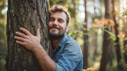 Handsome man hugging a tree in the forest