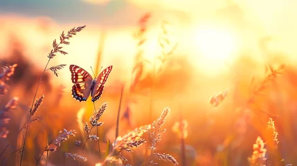 Photo sur Plexiglas Prairie, marais Sunset nature meadow field with butterfly as spring summer background concept