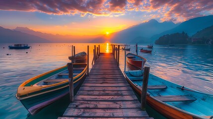 sunset over a pier on with boats on a lake - obrazy, fototapety, plakaty