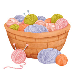 A cozy setup featuring a woven basket filled with assorted yarn balls and knitting needles. Perfect for crafting enthusiasts, knitting tutorials, or DIY-themed designs. Watercolor illustration