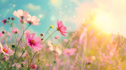 Vintage landscape nature background of beautiful cosmos flower field on sky with sunlight in spring