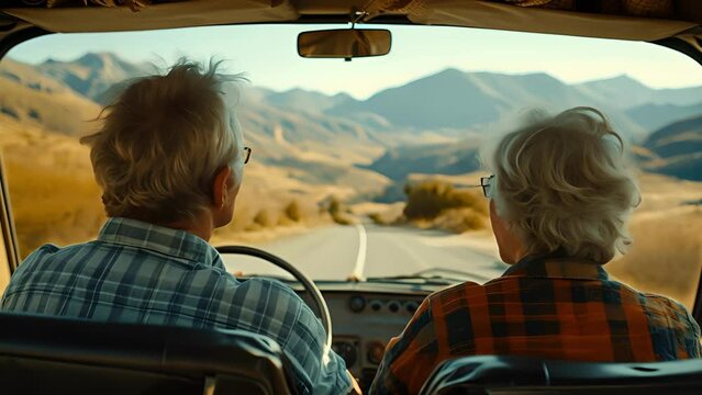 As they drive through winding roads a retired couple takes in the breathtaking scenery surrounding them grateful for the opportunity to see the world in their trusty retro