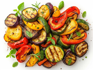 Grilled vegetable mix with zucchini, bell peppers, and eggplant, top-down view isolated on white background. Assorted grilled vegetables concept for design and print