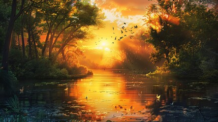 A serene nature landscape with a tranquil pond nestled in the heart of the forest during the radiant sunset, where dancing tree shadows reflect on the water, accompanied by the soothing melodies