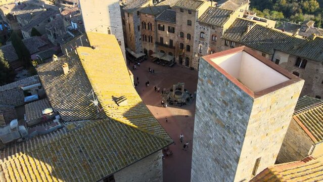 Aeria view of "Piazza della Cisterna" in San Gimignano from above.