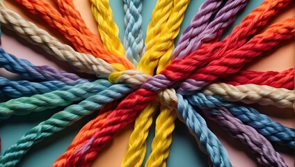 The integration of multi-colored ropes symbolizing a diverse team's strength, unity, communicating the essence of teamwork, cooperation, and mutual support on a colorful background Generative AI - obrazy, fototapety, plakaty