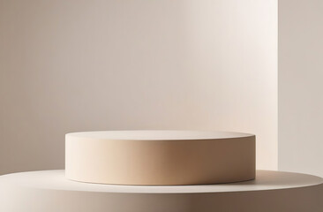Round Podium for Cosmetic, Soap, Items Presentation. Abstract Minimal Geometric Pedestal. Cylinder Two Forms, Soft Shadow. Scene to Show Product, Object. Showcase, Display Case. Stand. Beige Backdrop