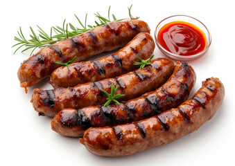 Grilled sausages with herbs and ketchup, fragrant view, top-down view on a white background