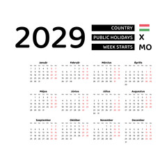 Calendar 2029 Hungarian language with Hungary public holidays. Week starts from Monday. Graphic design vector illustration.