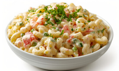 Creamy salad with pasta in a white bowl, side view on a white background. The concept of a picnic dish that must be available for design and printing