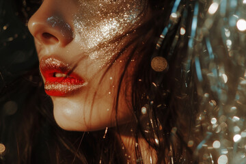 Glimmering Mystery: A Woman's Face Adorned with Sparkles and Shimmer