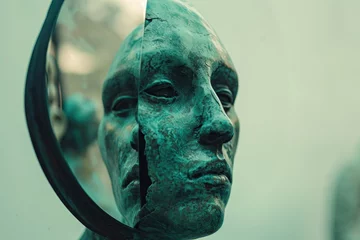 Foto op Plexiglas anti-reflex Reflections of the Self: Weathered Statue Face Through a Mirror © KirKam
