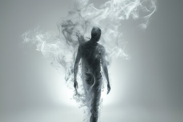 Ethereal Exit: A Figure Dissolving into Smoke Against a Light Backdrop
