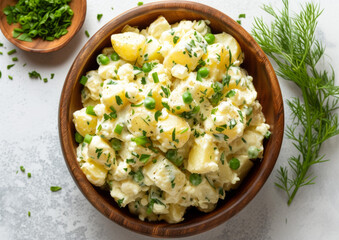 Creamy potato salad in a brown bowl, top-down view isolated on white background. Classic side dish concept for Memorial Day design and print