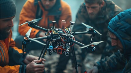 Various engineers discuss microchips and inserting them into drones. Innovative startup and technology in unmanned aerial vehicle concept