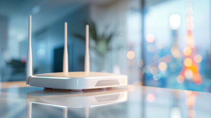 A generic hight speed modern wireless router. High speed internet communications concept. - obrazy, fototapety, plakaty