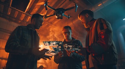Various engineers discuss microchips and inserting them into drones. Innovative startup and technology in unmanned aerial vehicle concept