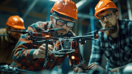 Various engineers discuss microchips and inserting them into drones. Innovative startup and technology in unmanned aerial vehicle concept