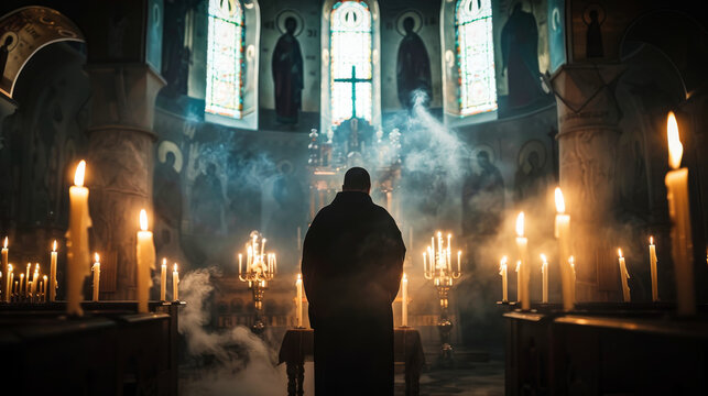 An orthodox priest or monk before the althar in an orthodox church