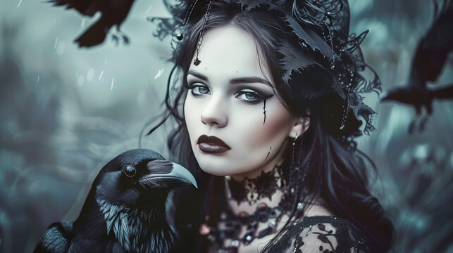 Beautiful young woman dressed in black with crows around, dark gothic atmosphere
