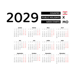 Calendar 2029 French language with Lebanon public holidays. Week starts from Monday. Graphic design vector illustration.
