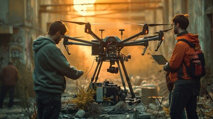 Various engineers discuss microchips and inserting them into drones. Innovative startup and technology in unmanned aerial vehicle concept