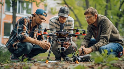 Various engineers discuss microchips and inserting them into drones. Innovative startup and technology in unmanned aerial vehicle concept