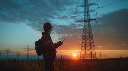 An electrical engineer in helmet working at sunset near the tower with electricity - obrazy, fototapety, plakaty