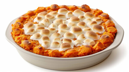 Sweet potato casserole with marshmallow filling, soulful dish, side view on a white background