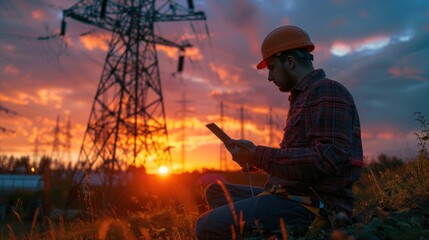 An electrical engineer in helmet working at sunset near the tower with electricity